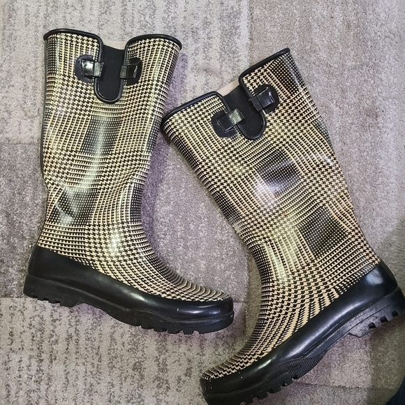 Sperry Top Sider Black & Yellow Plaid Knee High Waterproof Rubber Rain B… - Picture 1 of 9